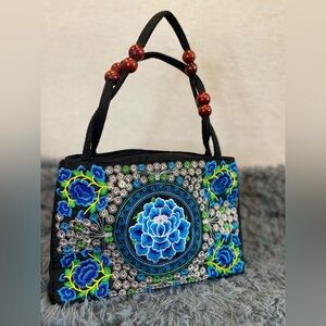 Black and Blue Embroidered Handbag Boho Shoulder Bag Floral Accent Purse